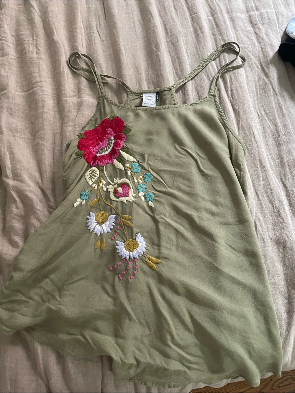 Anthropologie Olive Green Embroidered Floral Tank Top